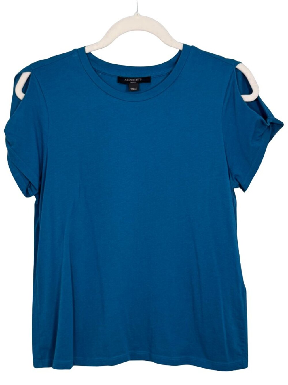 AllSaints Teal Cotton Tee Small Shoulder Cutout Twist Detail